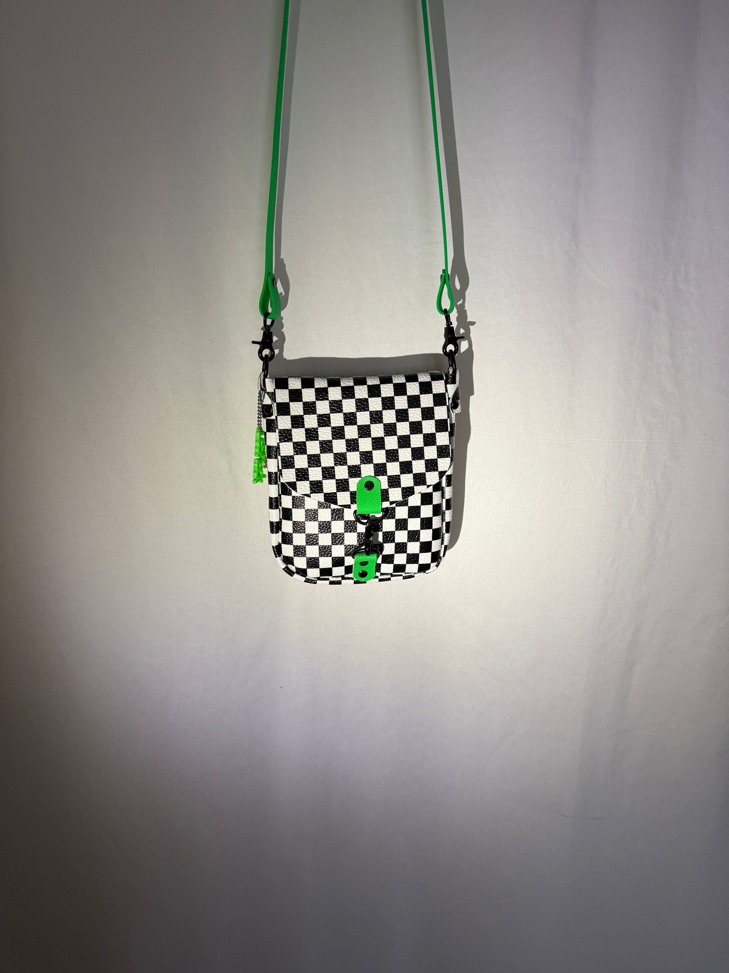 Checkerboard and Neon Green Flap Crossbody Bag