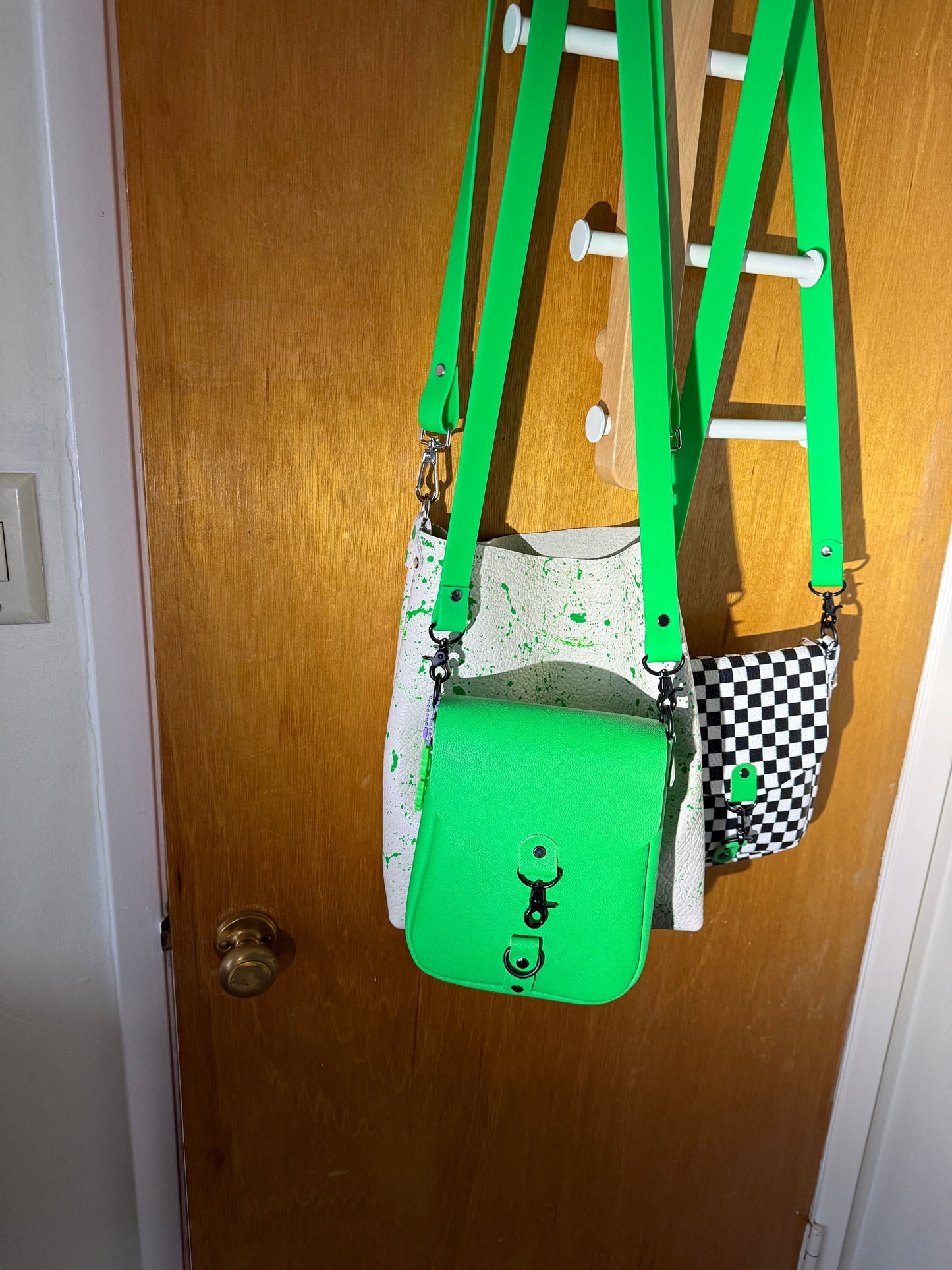 Checkerboard and Neon Green Flap Crossbody Bag