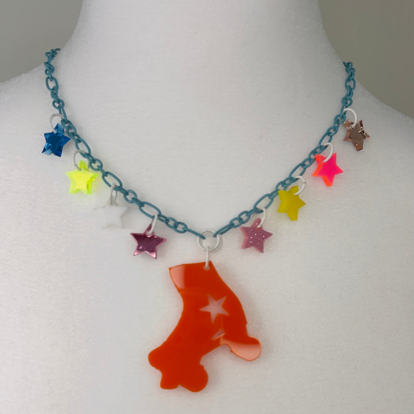 Fantastic Plastic Orange-Red Roller Skate Necklace - One Of a Kind!
