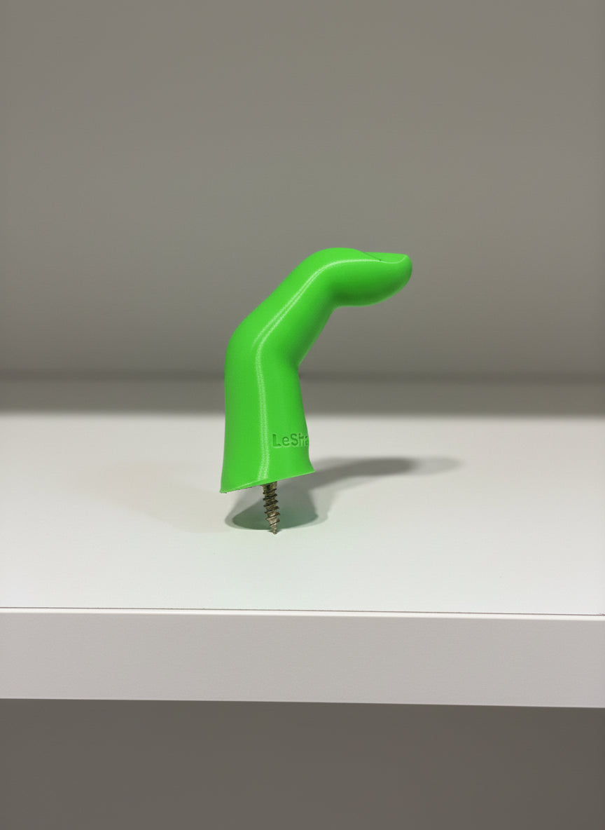 Neon Green 3D printed finger shaped wall hook with screw