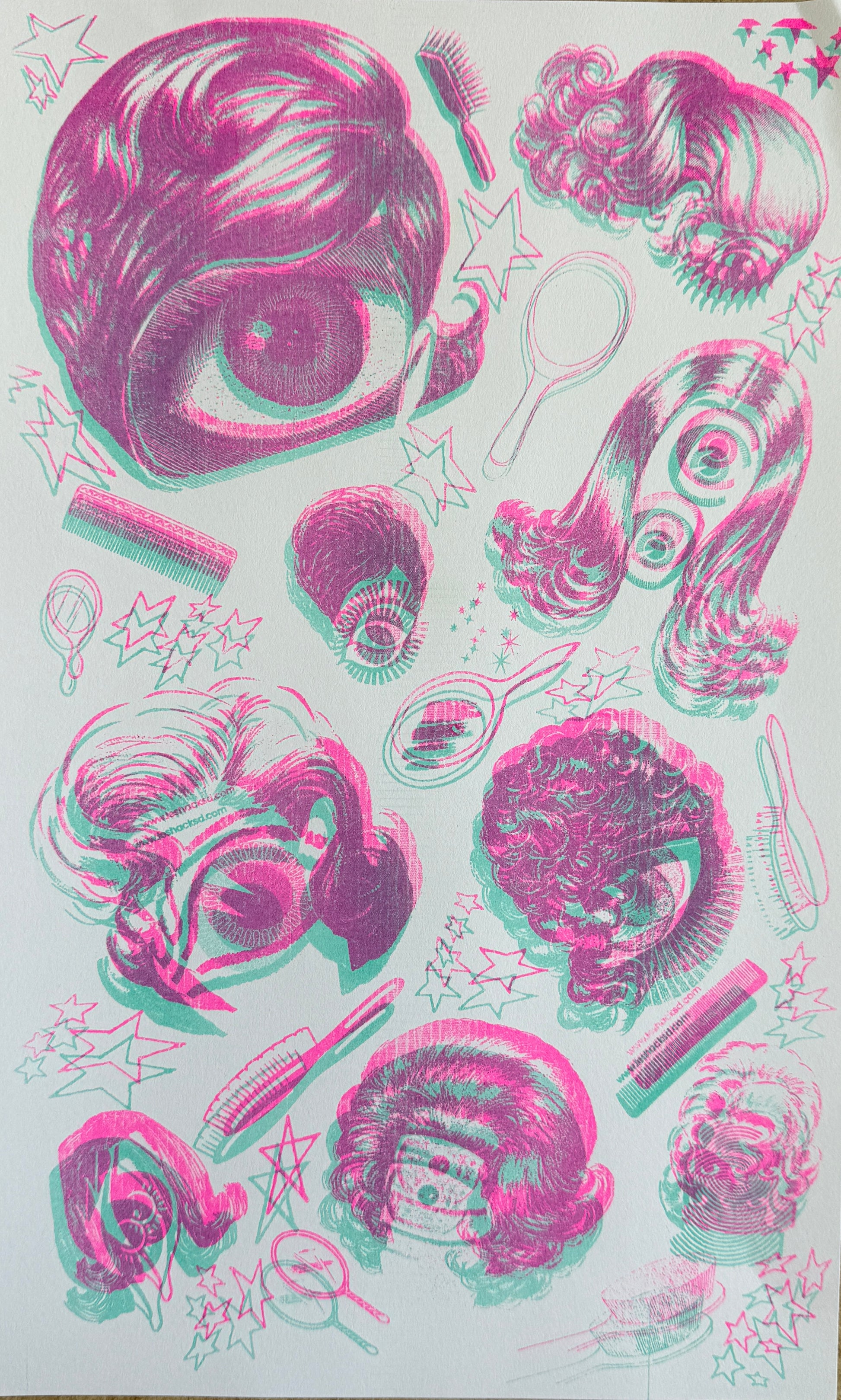 risograph print of vintage wigs with giant eyes instead of faces, in fluoro pink and aqua ink
