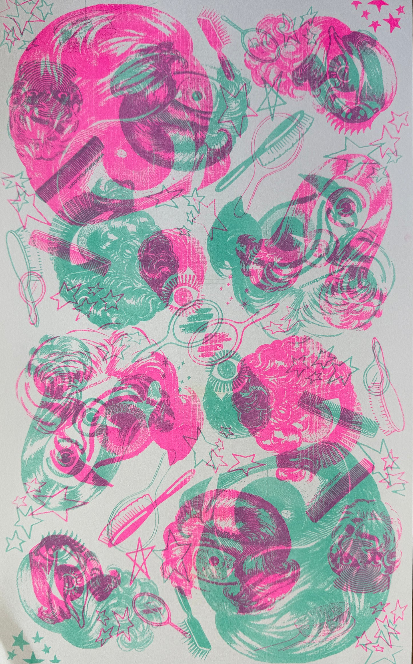 risograph print of vintage wigs with giant eyes instead of faces, in fluoro pink and aqua ink