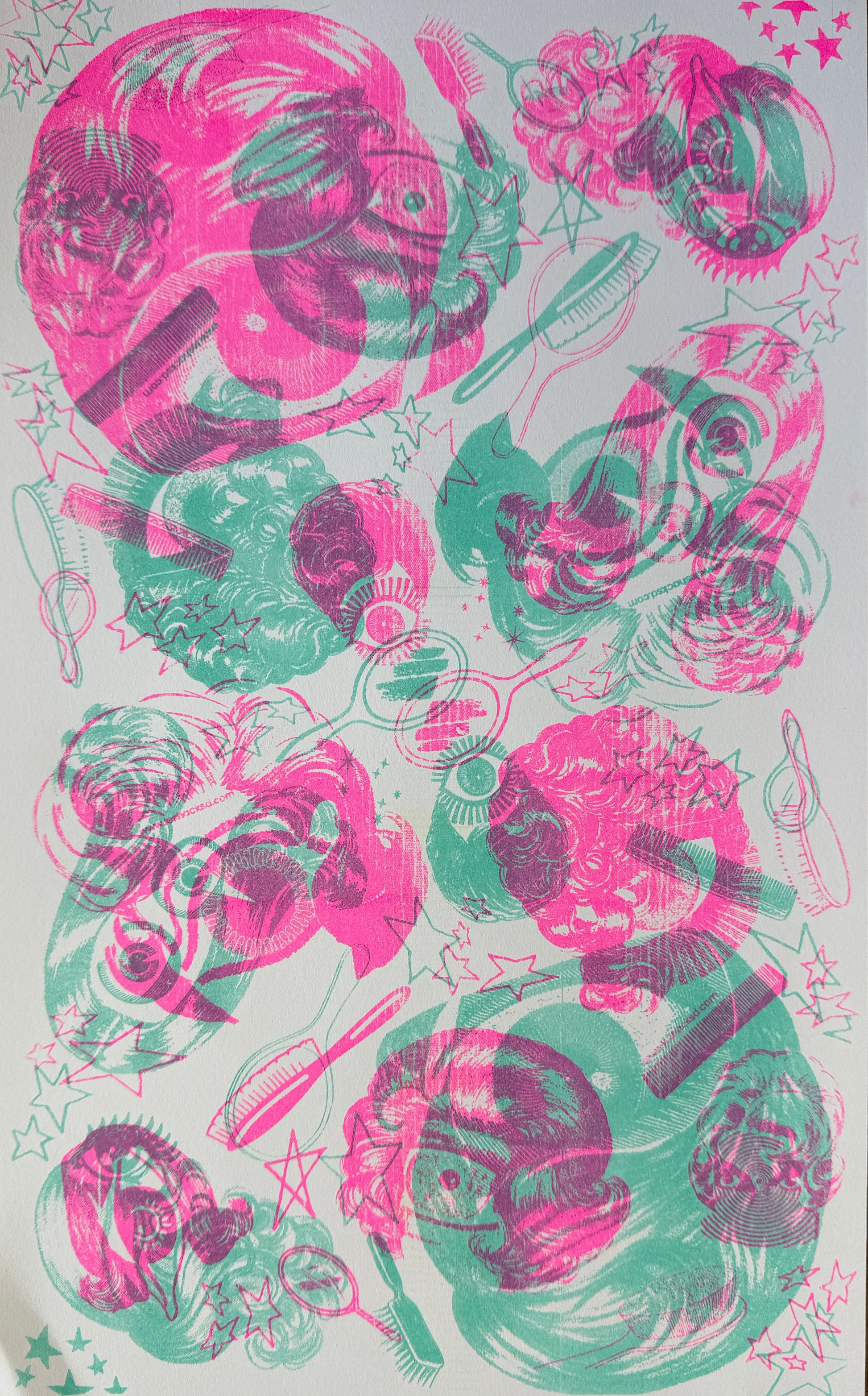 risograph print of vintage wigs with giant eyes instead of faces, in fluoro pink and aqua ink